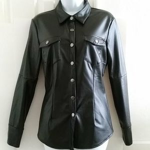 Black Faux Leather Fitted Button Down Shirt -NWT